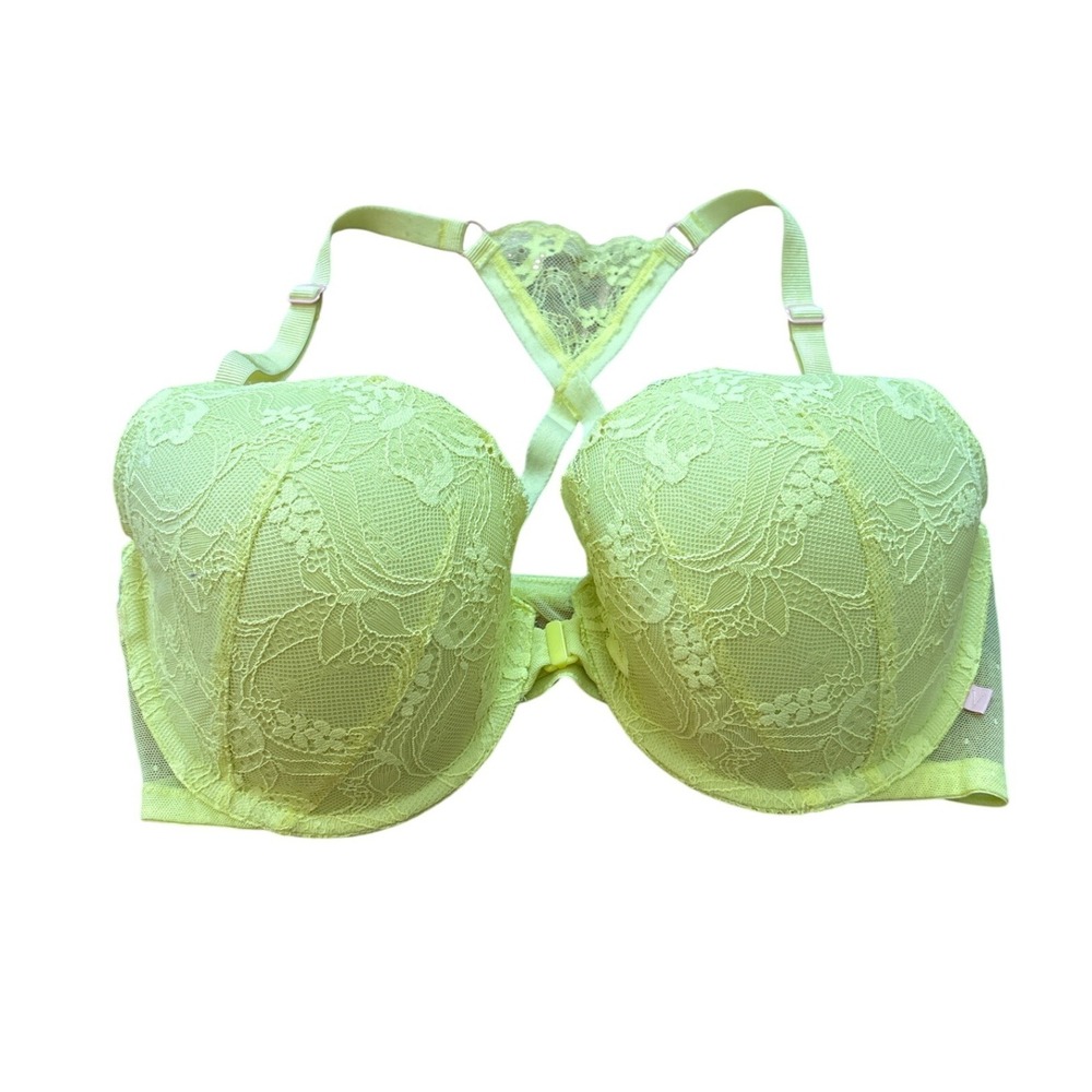 Victoria's Secret Demi Bra Women Neon Yellow Excellent Lace Racerback SIZE 36DD